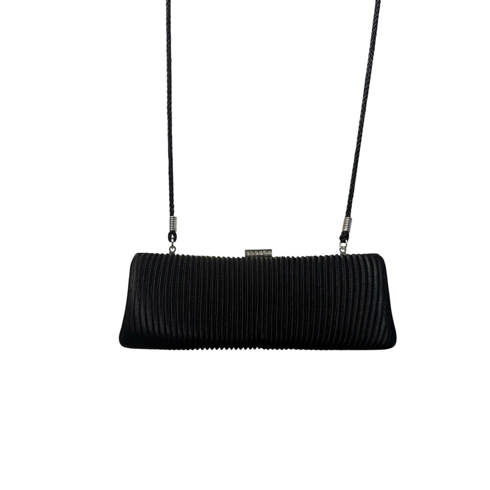 Kate Landry Black Pleated Satin Evening Clutch Bag Convertible Chain Strap